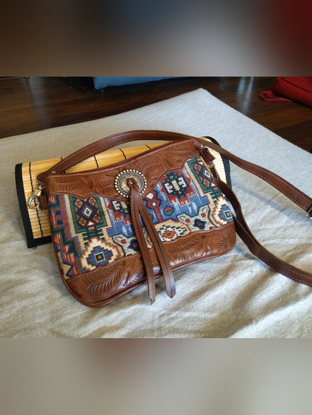 Vintage American West Genuine Leather Tooled Tapestry Southwestern Crossbody Bag